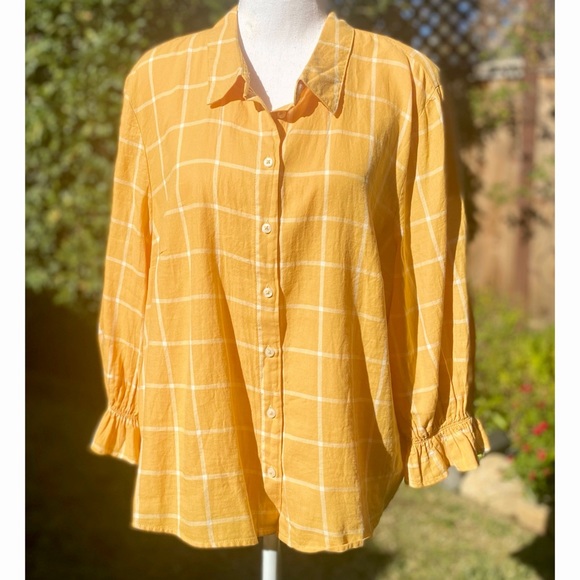 Yellow and White Button Down Blouse with Ruffle Sleeves - Picture 1 of 5